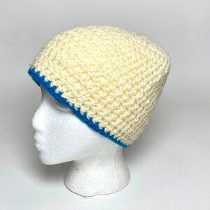 Handmade Knit Crochet Beanie Hat Ivory w Blue Trim Cottagecore Romantic Casual